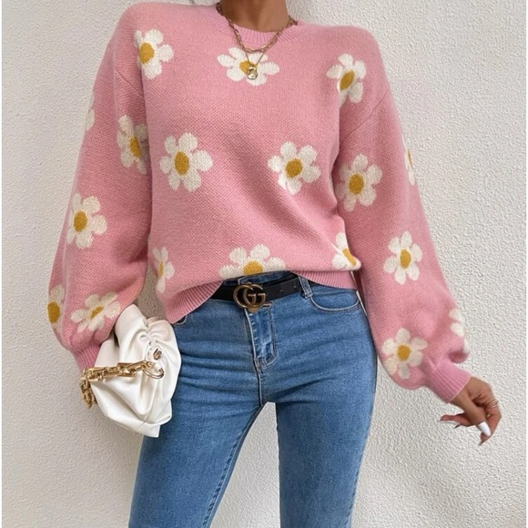 New pink daisy print long sleeve sweater - Picture 6 of 6